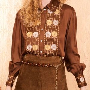 Hippie Shake Song Bird Brown Floral Embroidered Shirt